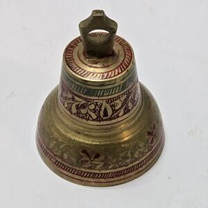 Vintage Brass Bell India Etched Red Enamel 3.5” Decorative Handheld